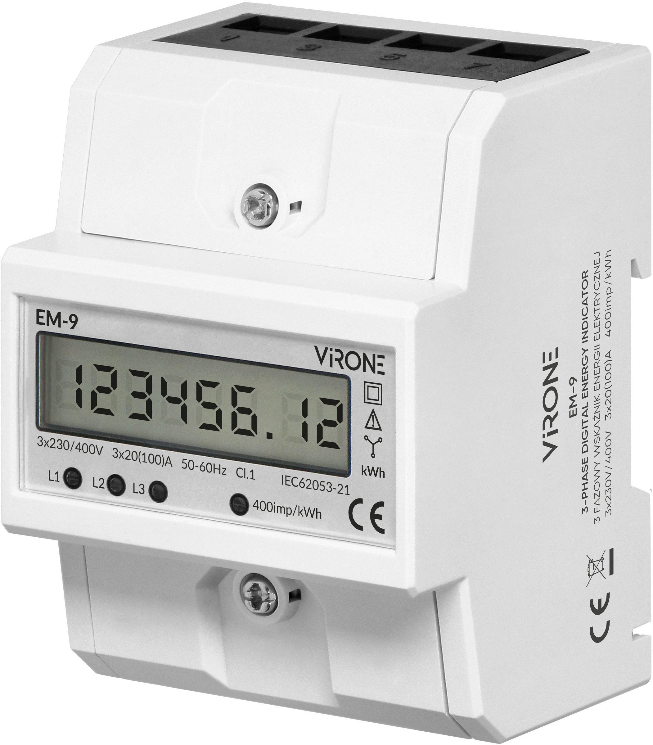 3-fazowy cyfrowy wskaźnik zużycia energii elektrycznej, 100A, 4 moduły, DIN TH-35mm