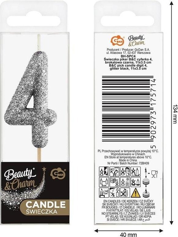 Świeczka piker 4 czarna brokatowa 11x3.5 cm