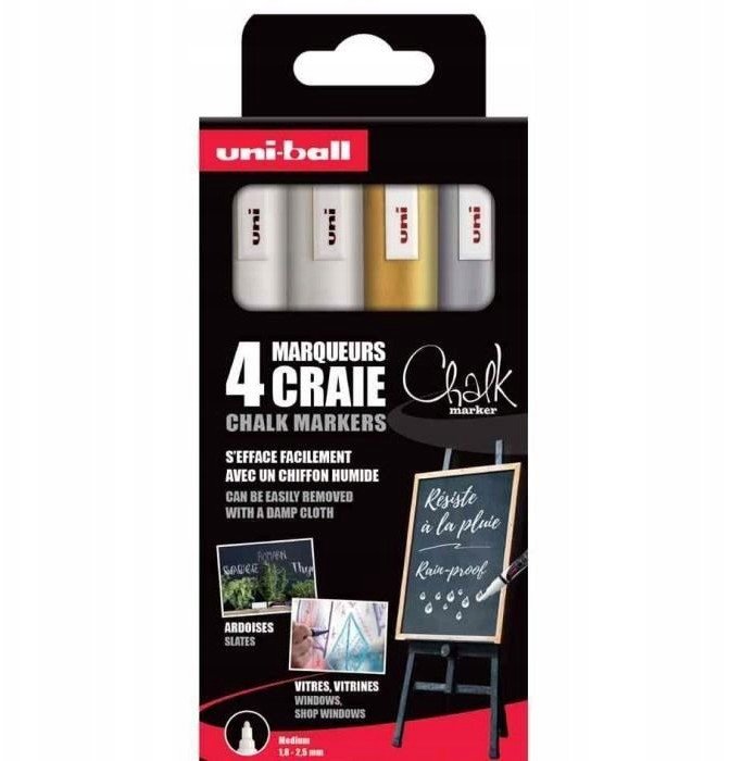 UNIBALL Uni Chalk marker sæt 4 stk PWE 5 ( 2xwhite, gold, silver)
