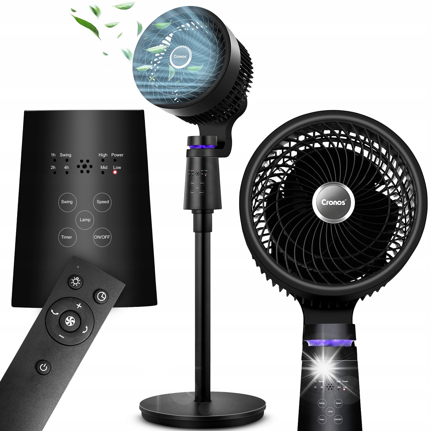 Wentylator Cronos WENTYLATOR WIATRAK STOJĄCY PODŁOGOWY CICHY 3 TRYBY 40W GŁOWICA 3D LAMPKA