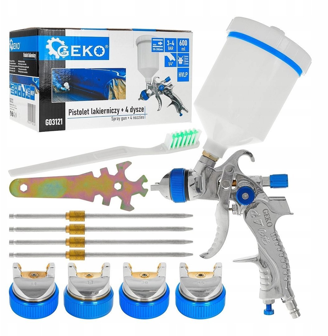 Geko Prof. pistolet do malowania HVLP + 4 dysze (1.4-1.7-2.0-2.5) (20)