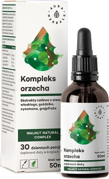 Aura Herbals Kompleks Orzecha, Kompleks Orzecha Naturalnego, orzech włoski, goździki, cynamon, grejpfrut, krople, 50 ml