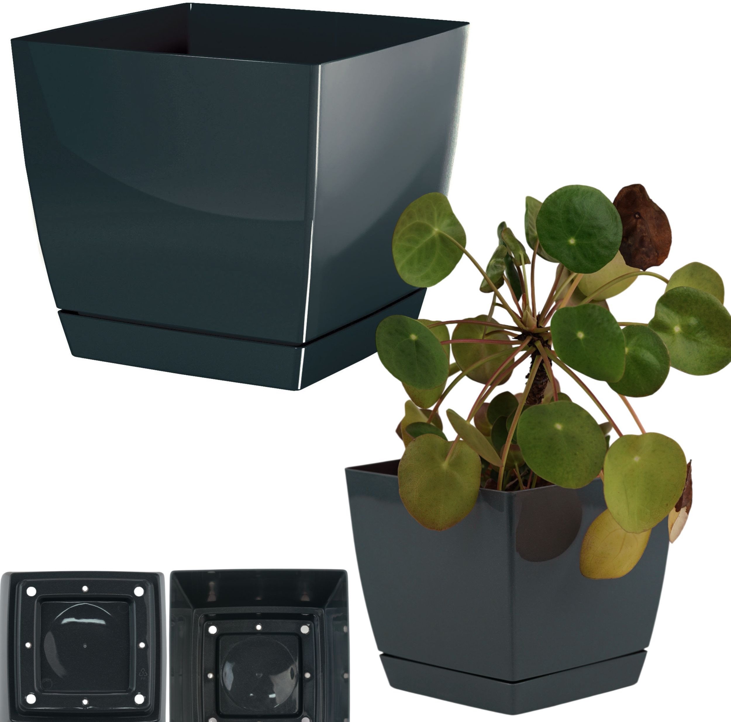 Doniczka niska kwadratowa w połysku 24cm + podstawka