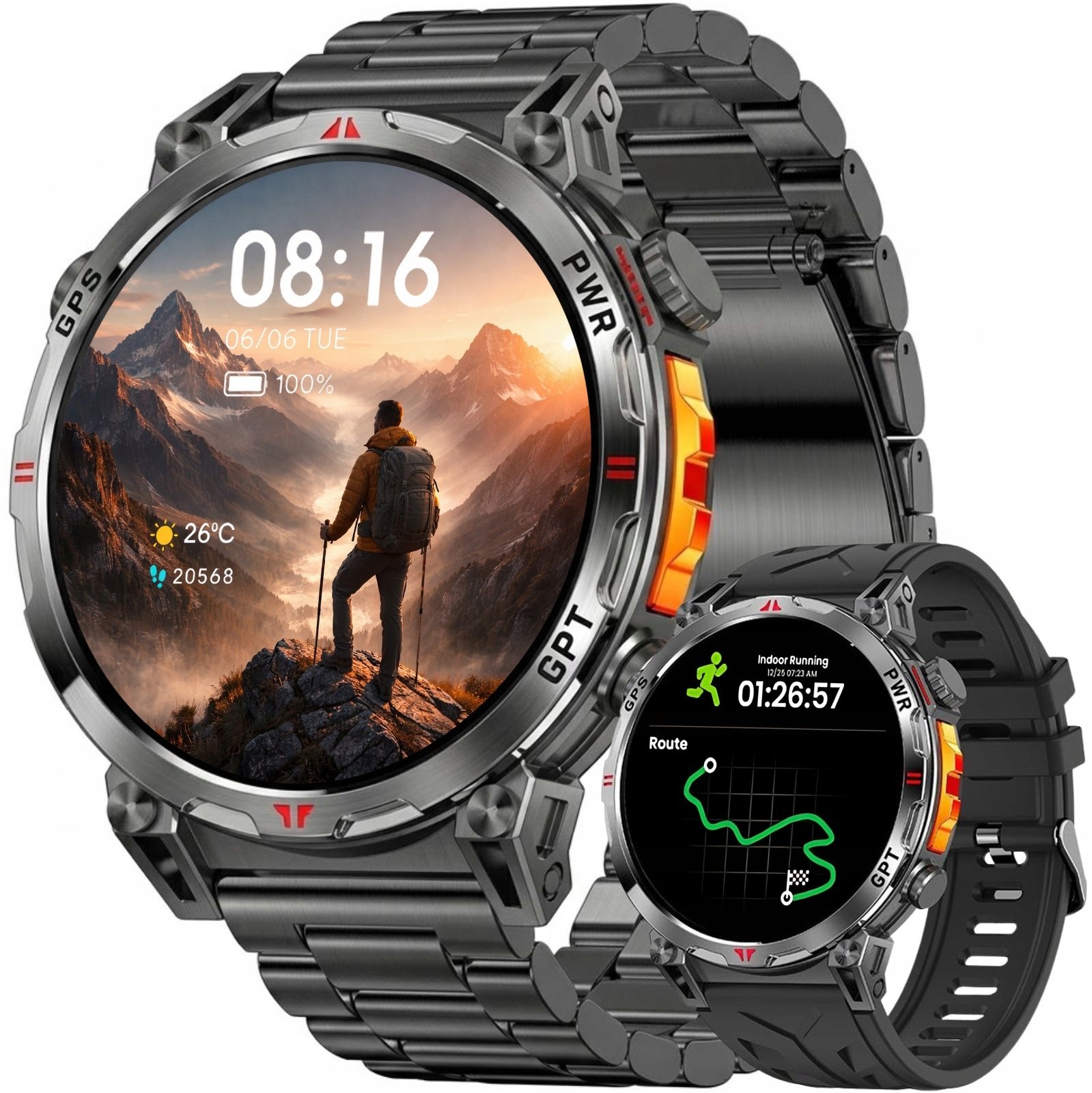 Smartwatch JG Smart Męski Rubicon czarny GPS kompas połączenia sport (RNCF52 bl/bl branc + bl silic)