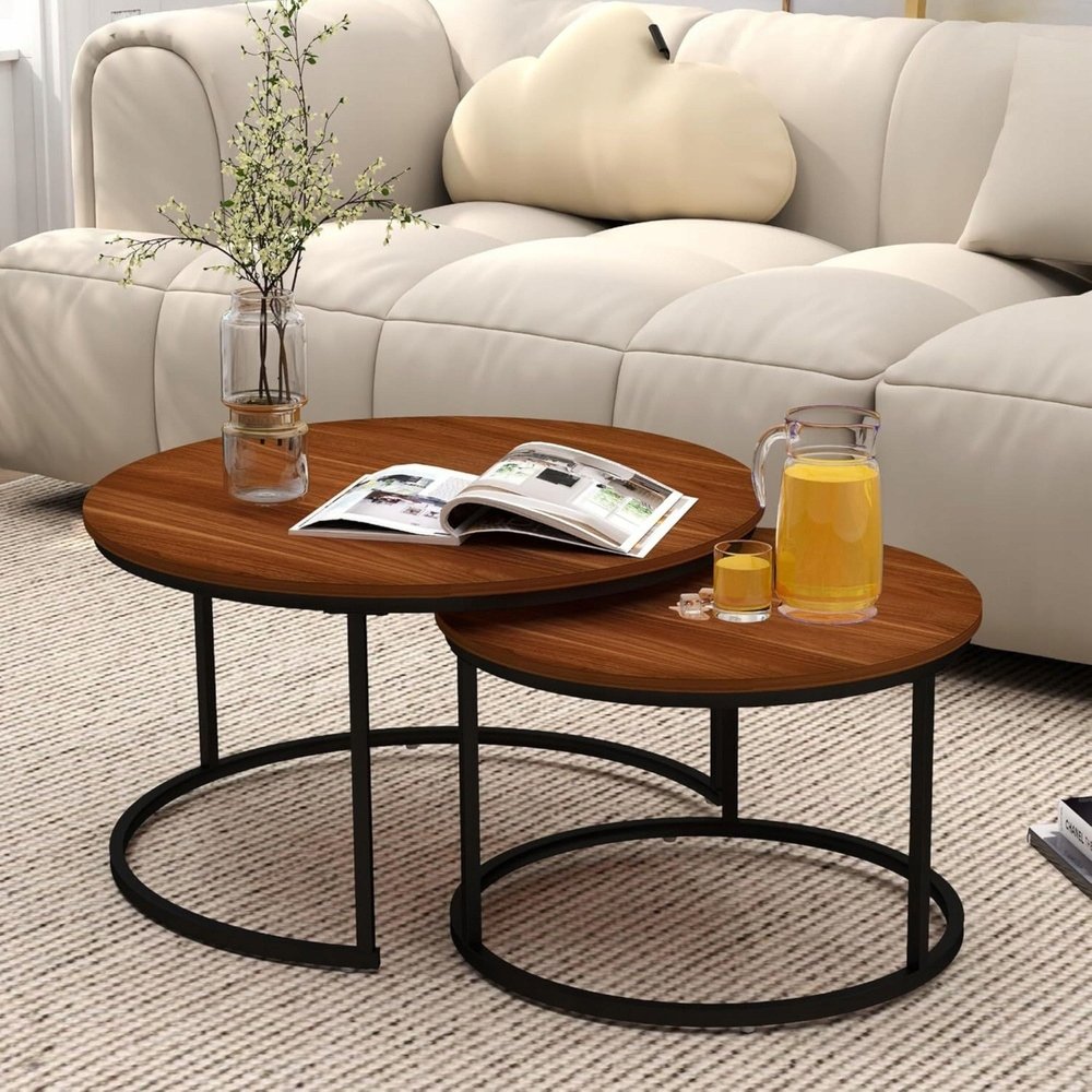 Lean Zestaw Okrągłe Stoliki Kawowe 2w1 Vintage Naturalne Drewno 60x45cm 40x40cm