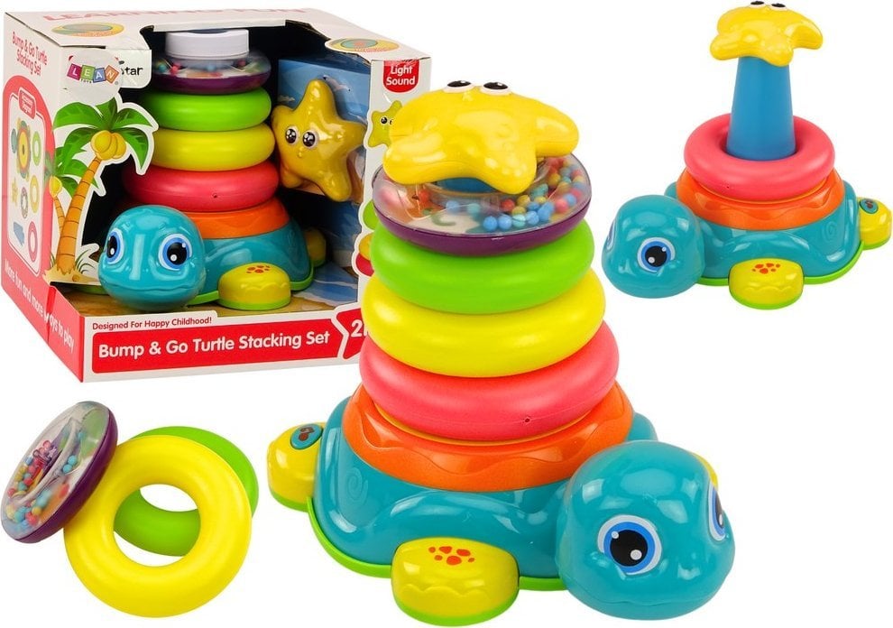 LeanToys Piramidka Jeżdżący Żółwik 2w1 Układanka Kółka Światła Dźwięki