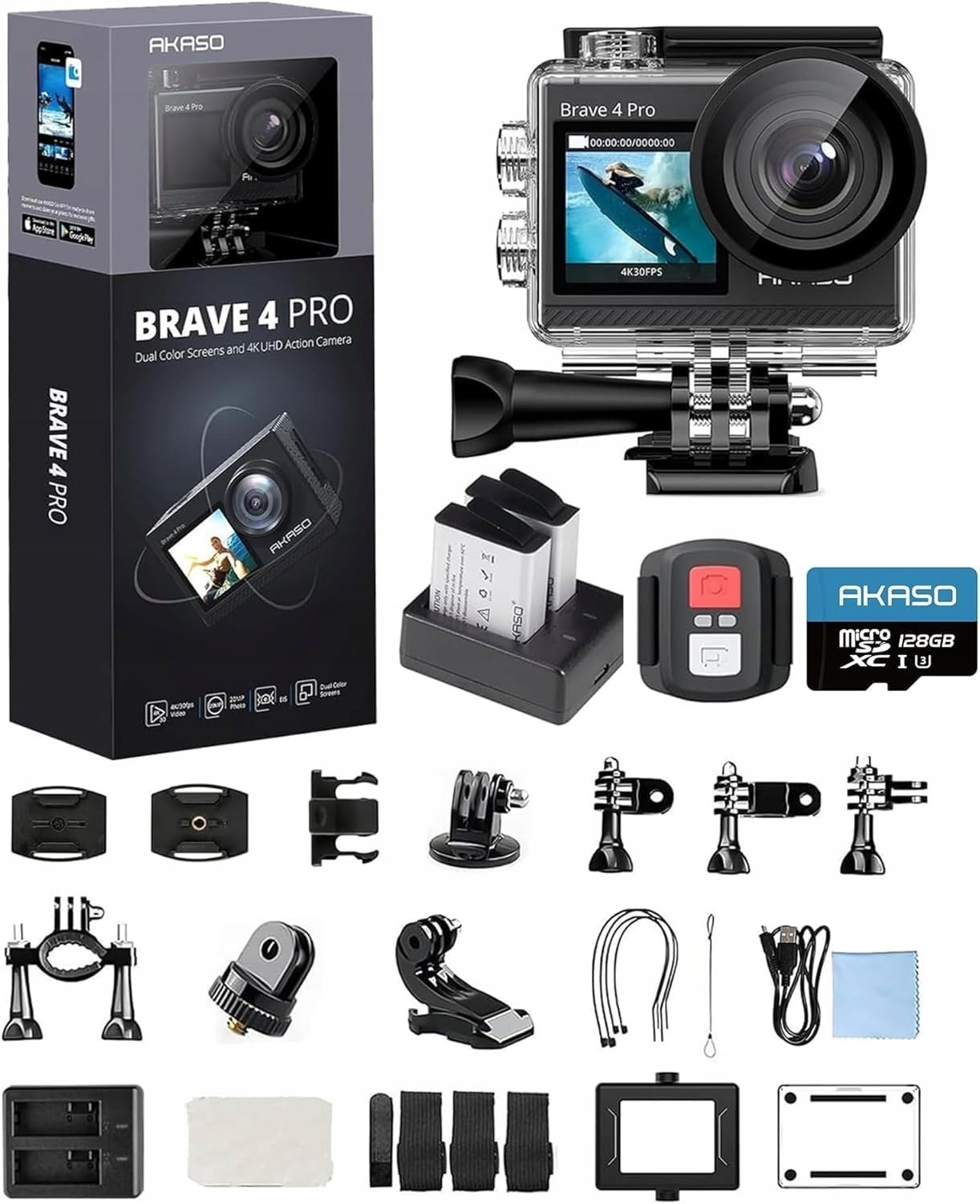 Kamera AKASO Brave 4 Pro 4K Ekran Dotykowy Wodoodporna 40m Karta U3