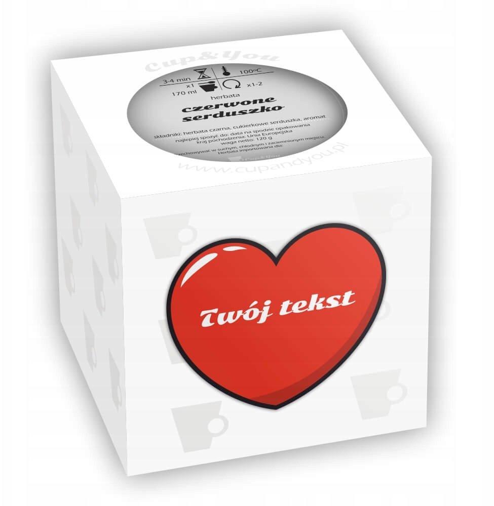 Cup&You Personalizowany prezent upominek na walentynki z dedykacją - herbata czarna sypana "CZERWONE SERDUSZKO" z własnym nadrukiem dla chłopaka dziew