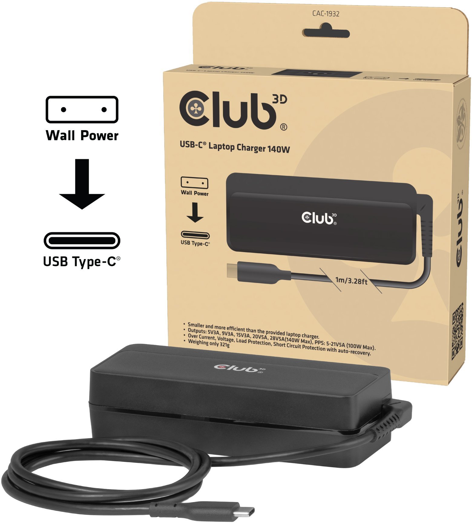Zasilacz do laptopa Club 3D Club3D Ładowarka do laptopa USB-C PD3.1 140W GaN retail