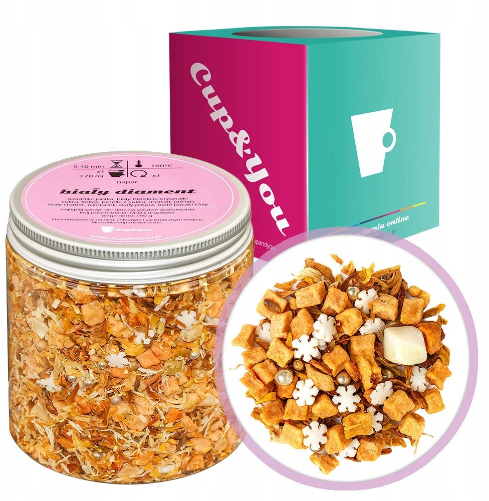 Cup&You Najlepsza herbata owocowa BIAŁY DIAMENT kokos perełki z cukru 150g - herbata sypana liściasta napar z suszu PREMIUM