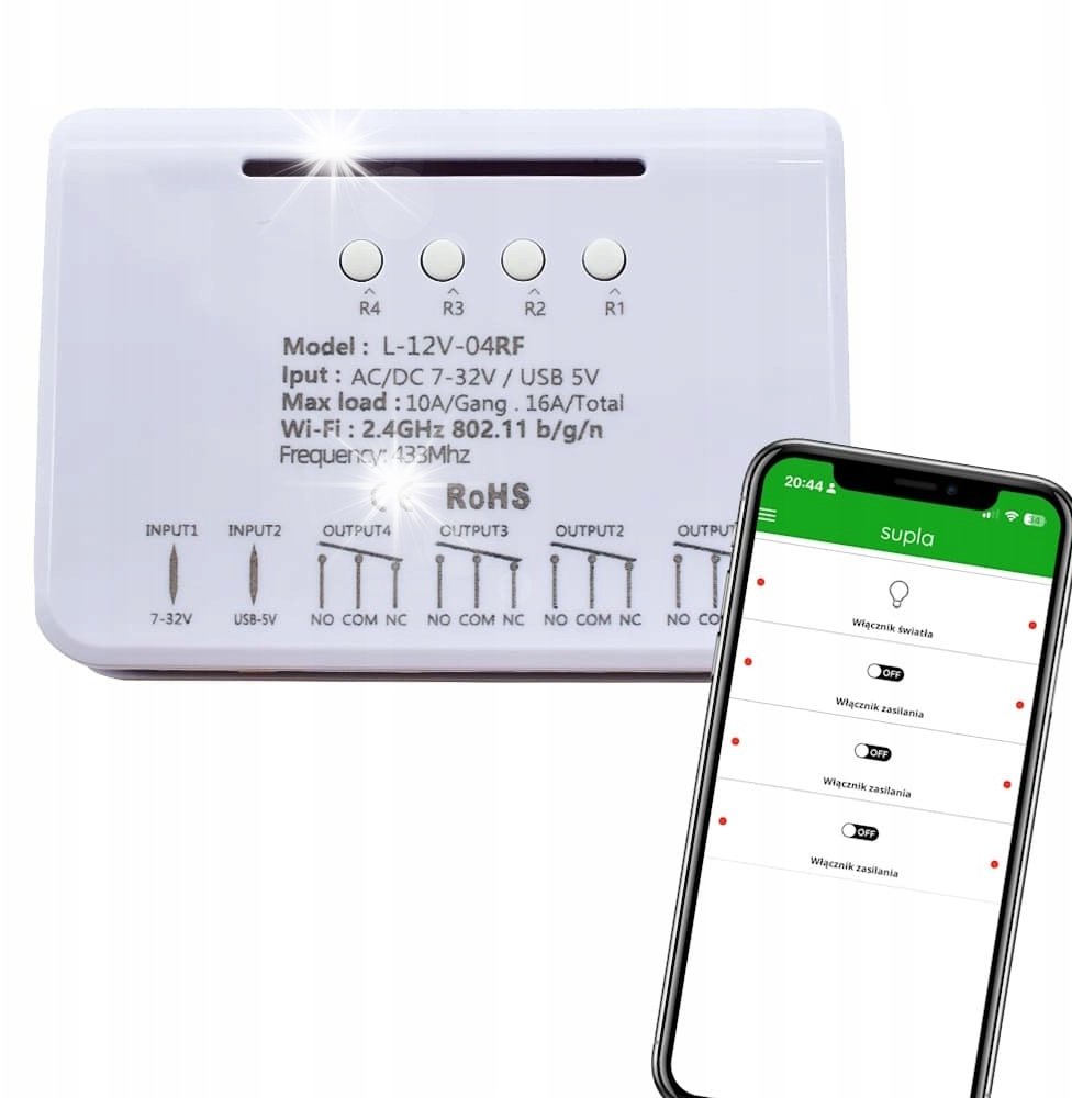 Beznapięciowy przekaźnik WiFi RF Bramy Piece Zawory Podlewania wgrana SUPLA