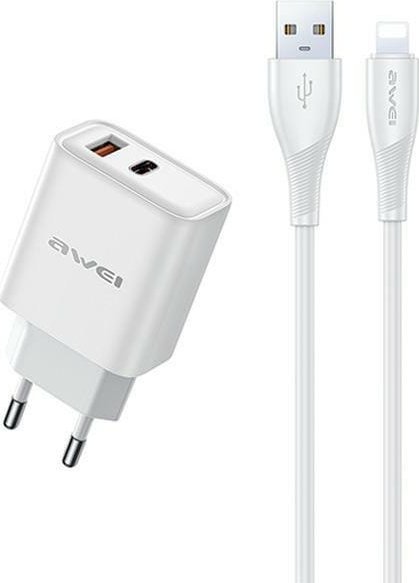 Ładowarka Awei AWEI ład. siec. PD81L-EU 22.5W + kabel USB + Lightning biała/white GaN