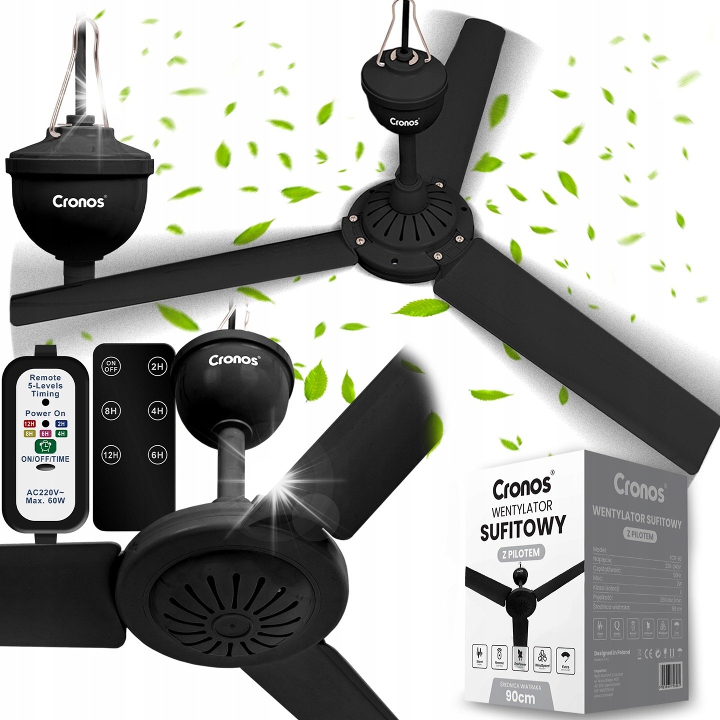 Wentylator Cronos WENTYLATOR SUFITOWY Z WIATRAKIEM CICHY CZARNY WIATRAK 90cm + PILOT TIMER