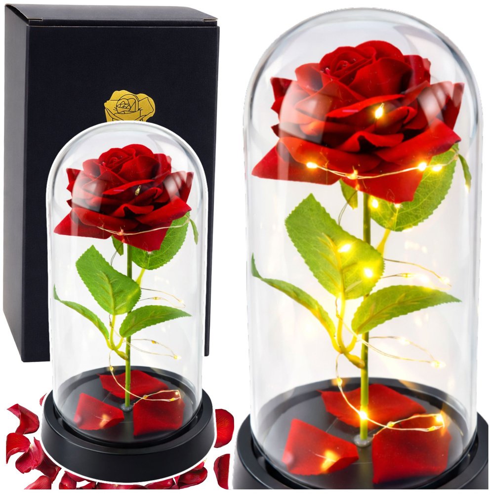 Wieczna Róża W Szklanej Kopule Oświetlenie LED Czerwona 21,5 x 11 cm