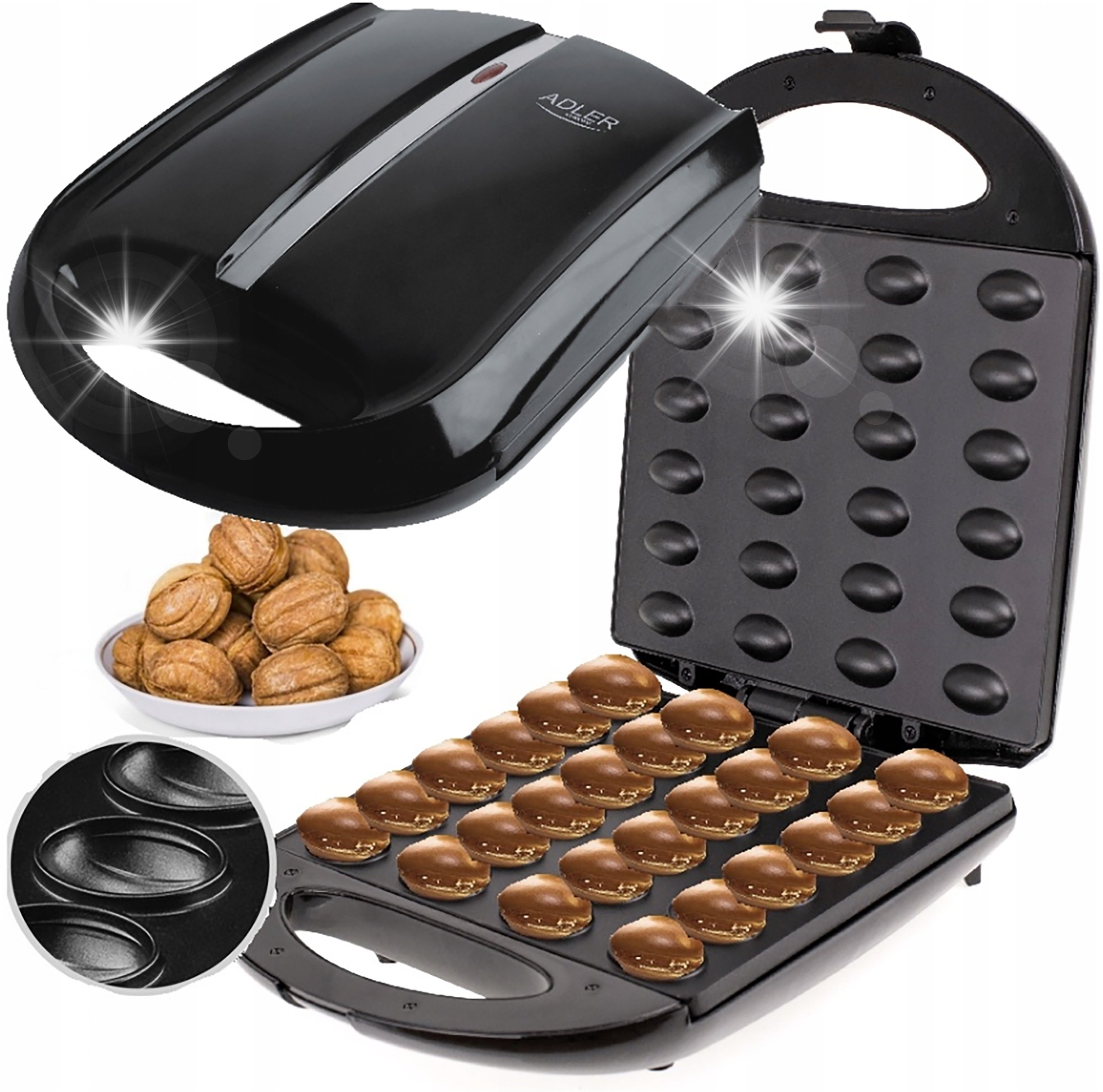 Opiekacz Adler OPIEKACZ DO ORZESZKÓW CIASTEK XXL FORMA NA 24 SZT 1600W POWŁOKA NON-STICK