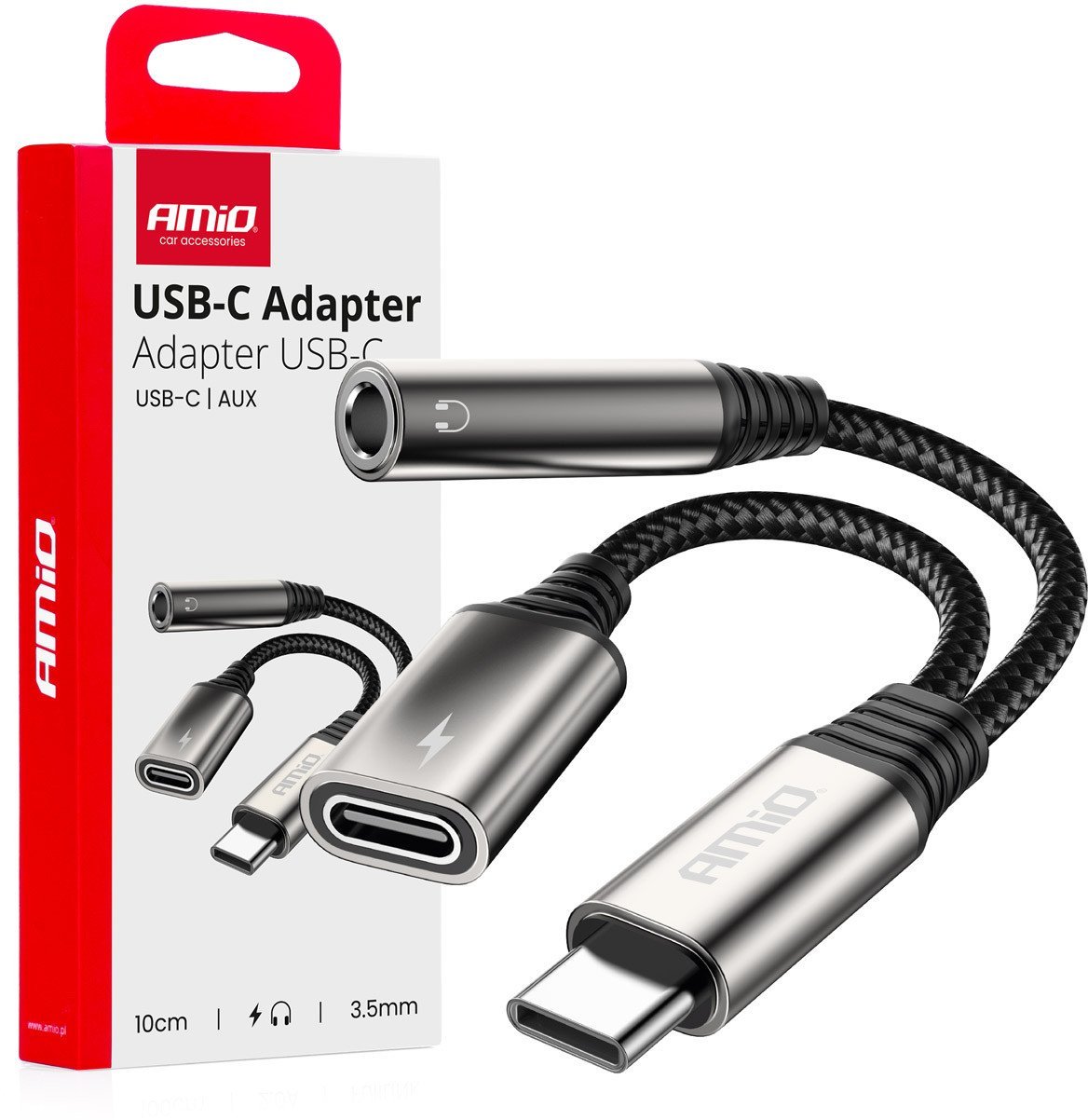 Adapter USB AMiO USB-C - Jack 3.5mm + USB-C Srebrny