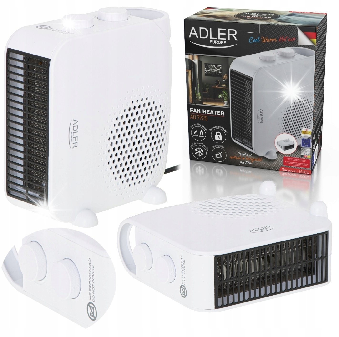 Termowentylator Adler AD 7725 Termowentylator 2000W 2-funkcyjny Termostat Tryb Wentylatora Adler