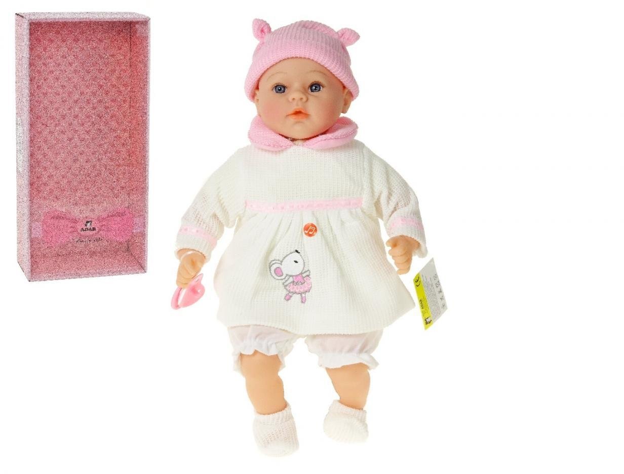 Adar Lalka bobas 45cm w białej sukience gumowe nogi mówi i śpiewa po polsku 565135-565159 w pudełku ...