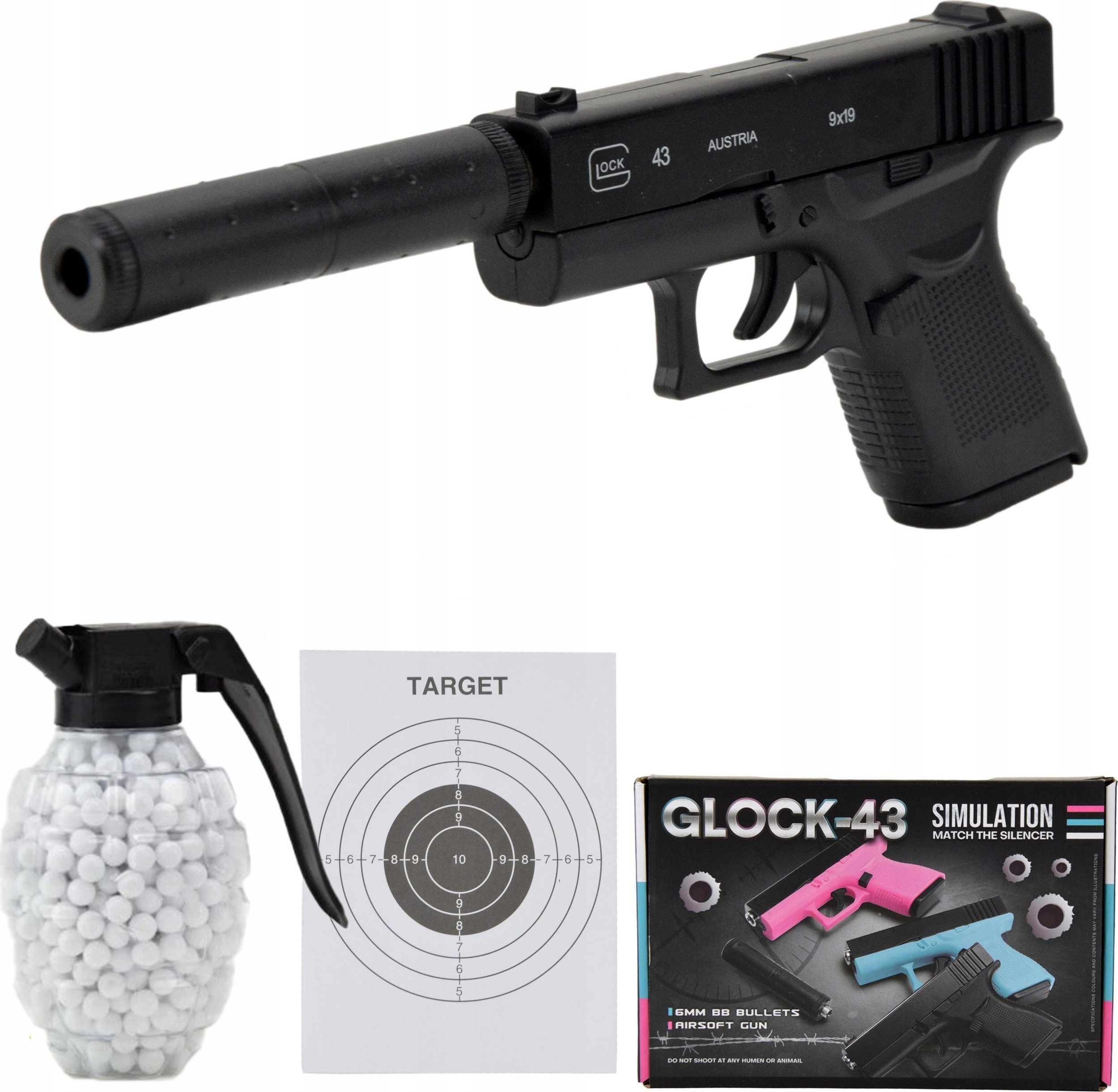 Skleplolki PISTOLET KULKI TŁUMIK GLOCK ASG METAL 800 GRATIS