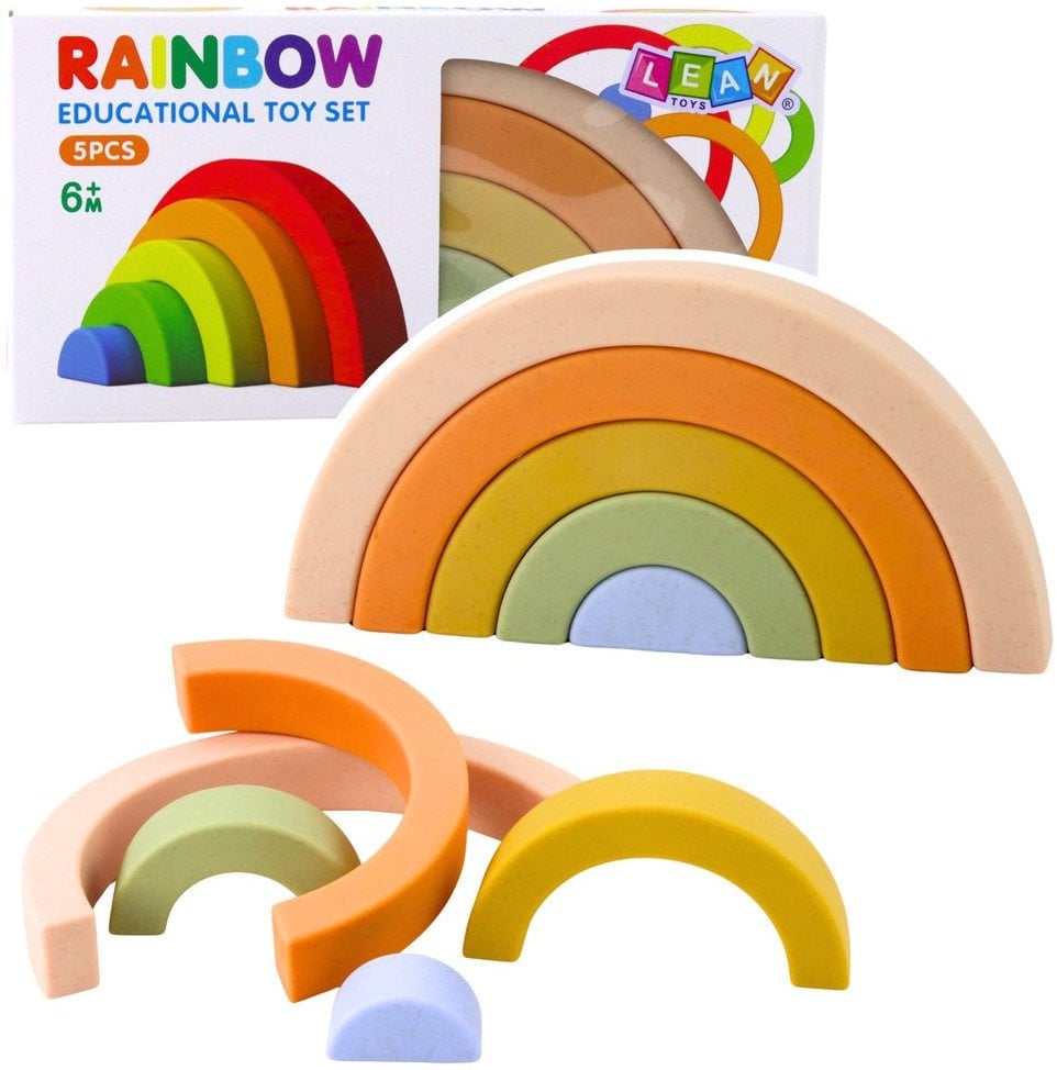 LeanToys Tęczowa Układanka Dla Malucha Klocki Gumowe Pastelowe 5 szt.
