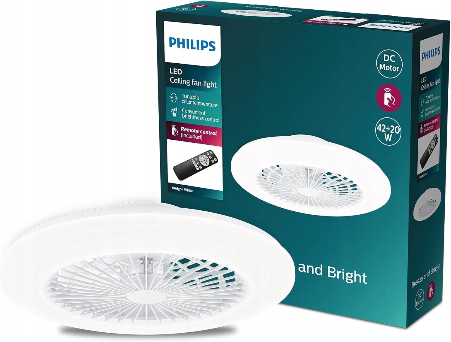 Philips Amigo Fan Ceiling Light 42+20 W, White, Plastic, IP20, Bedroom, AC 220-24, AC 220-240