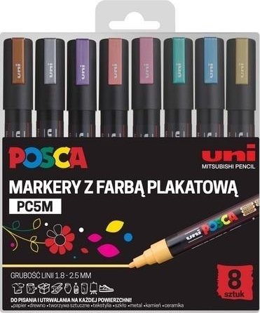 Uni Mitsubishi Pencil Markery plakatowe metliczne PC-5M 8 kolorów POSCA