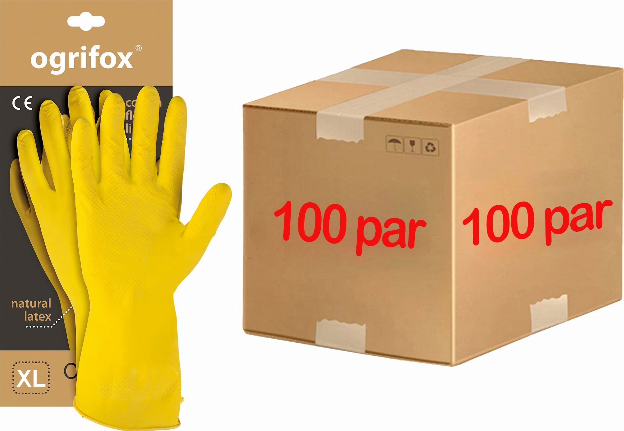 Ogrifox Rękawice ochronne gumowe flokowane / Żółte / OX-FLOX - 100 Par (10 - XL)