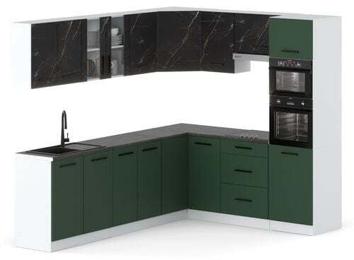 Kuchnia Narożna Modułowa Z Blatem 6.8m Biały San Sebastian Butelkowa Zieleń