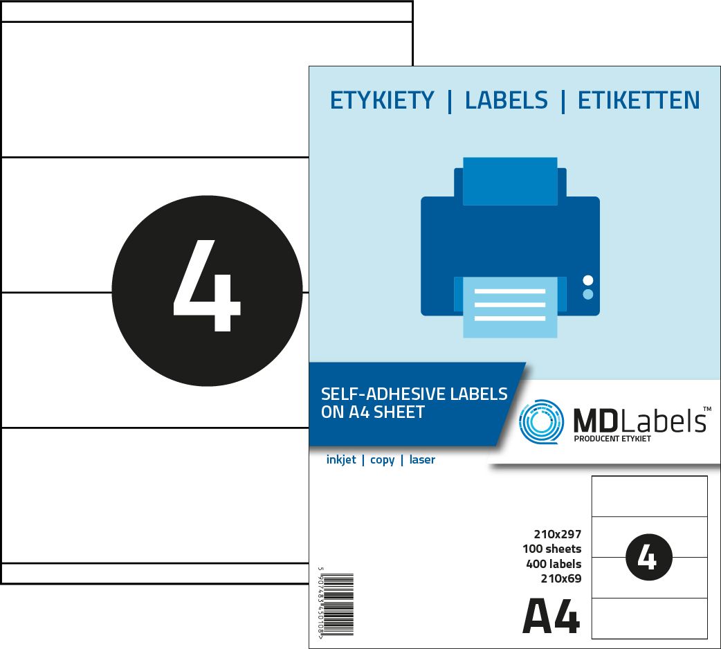 MD Labels Etykiety naklejki samoprzylepne 210x69mm na arkuszu A4 100 ark