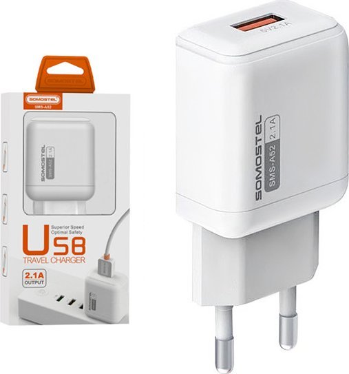 Ładowarka Vega ŁADOWARKA SIECIOWA 2.1A USB BIAŁY SOMOSTEL 2100mA 10W SMS-A52 10W>