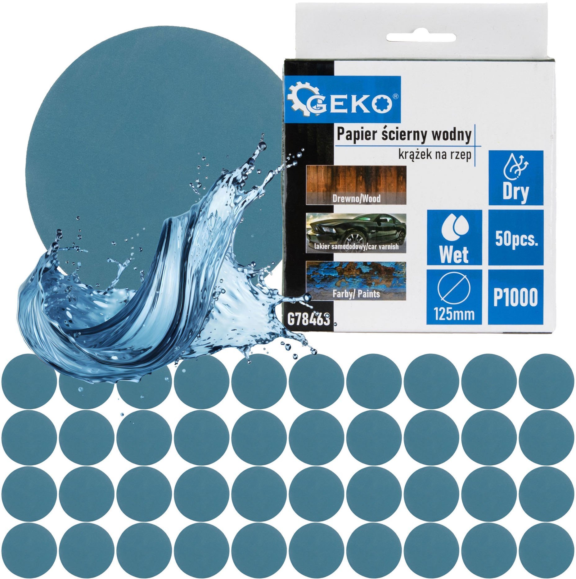 Geko Papier ścierny wodny – krążek na rzep 125mm P1000 (50/1000)