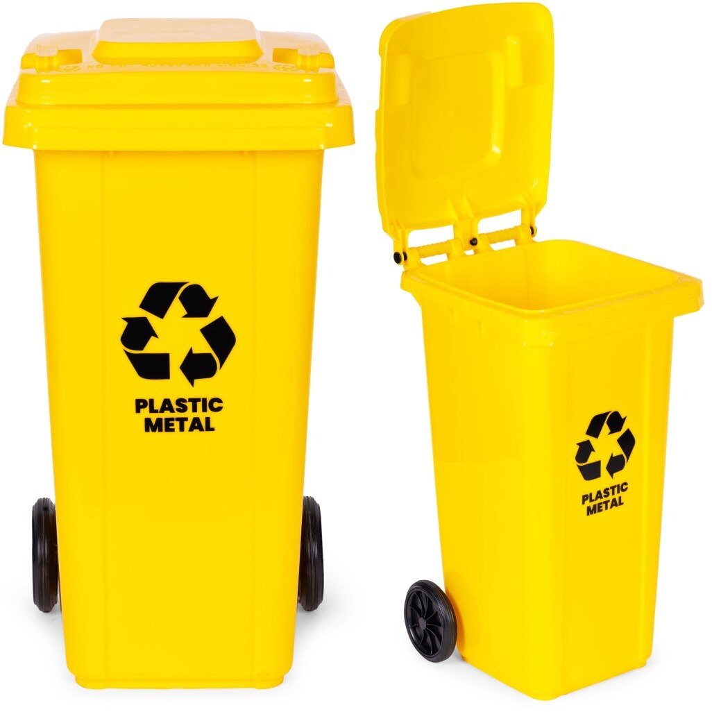 Kosz na śmieci Multistore Kosz na smieci pojemnik 120L kubeł śmietnik żółty plastik gumowe koła EDUK...