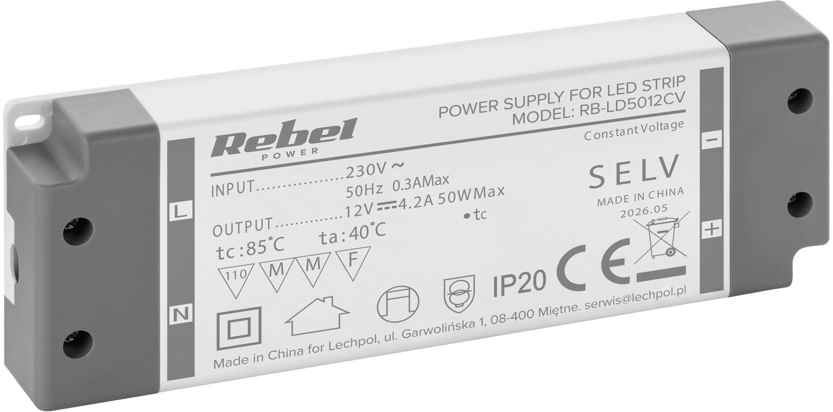 Rebel Zasilacz do sznurów LED 12V/4.2A max.50W IP20 (RB-LD5012CV)
