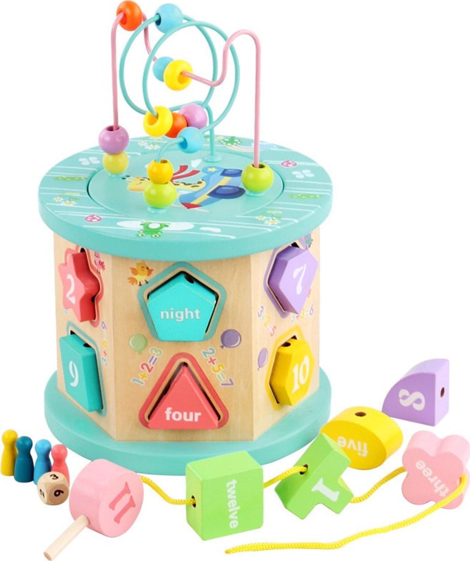 Ramiz Drewniana multikostka edukacyjna 4w1 dla dzieci- sorter przeplatanka planszówka