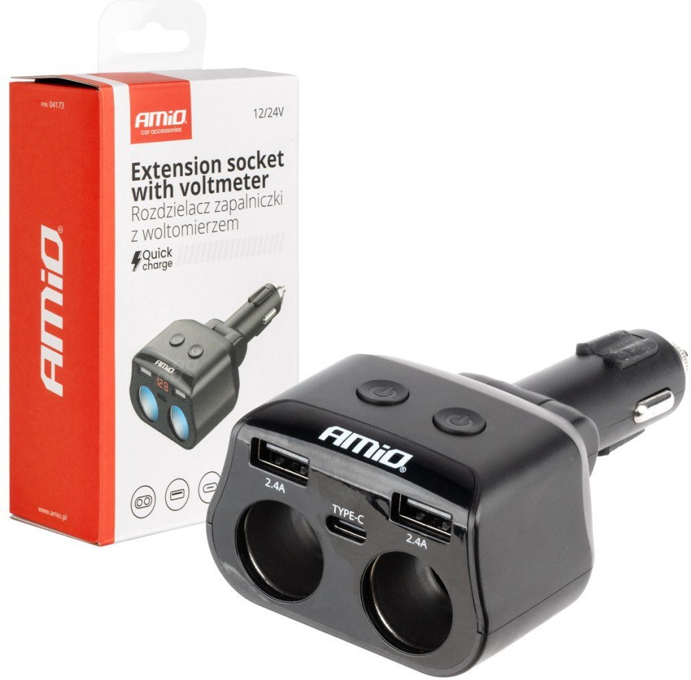 Rozdzielacz rozgałęźnik gniazda zapalniczki 2x usb 1x usb-c 12v 24v + woltomierz amio-04173