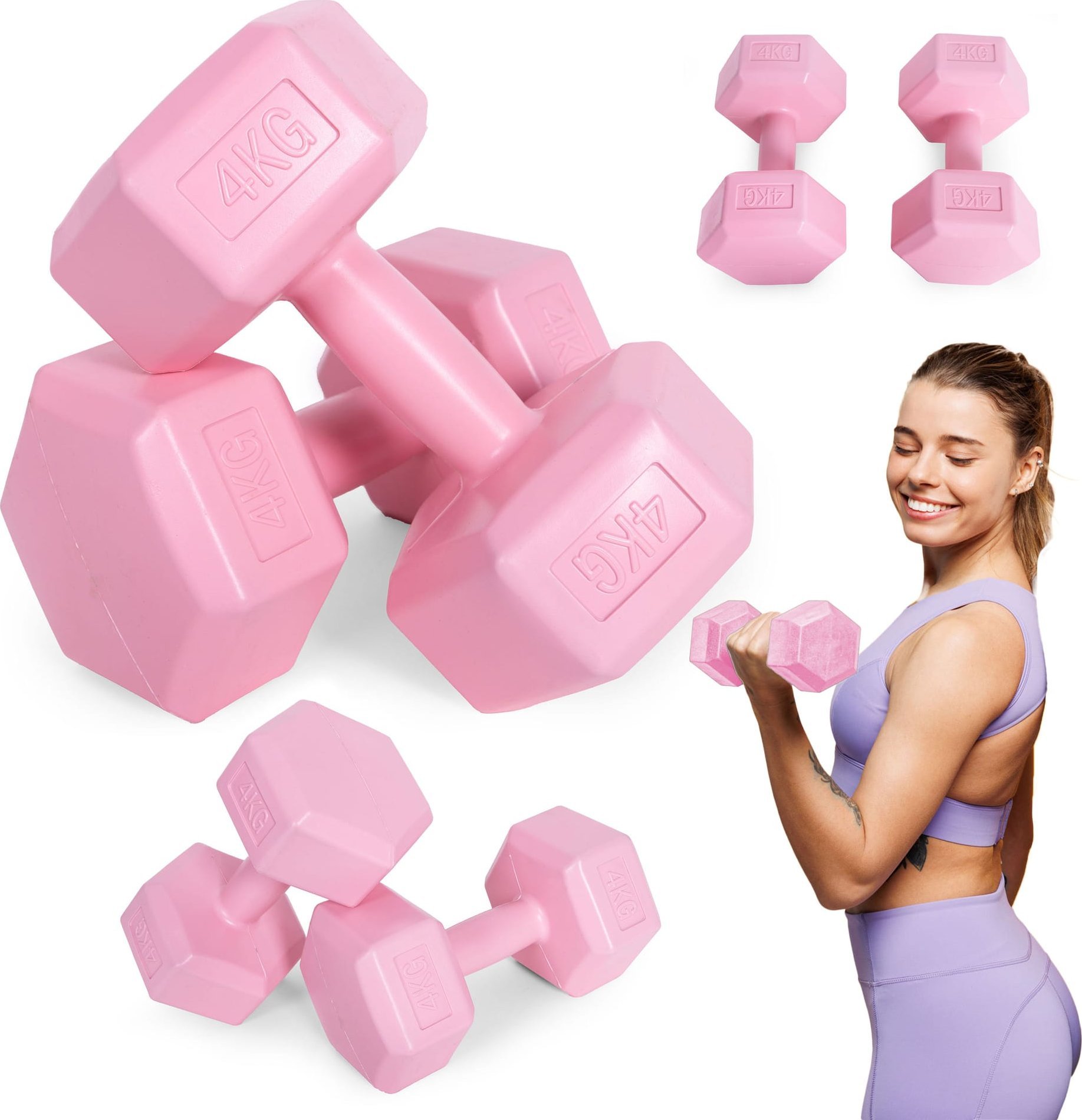 ModernHome Hantle sześciokątne zestaw 2x4 kg ciężarki do ćwiczeń obciążniki fitness różowe ModernHom...