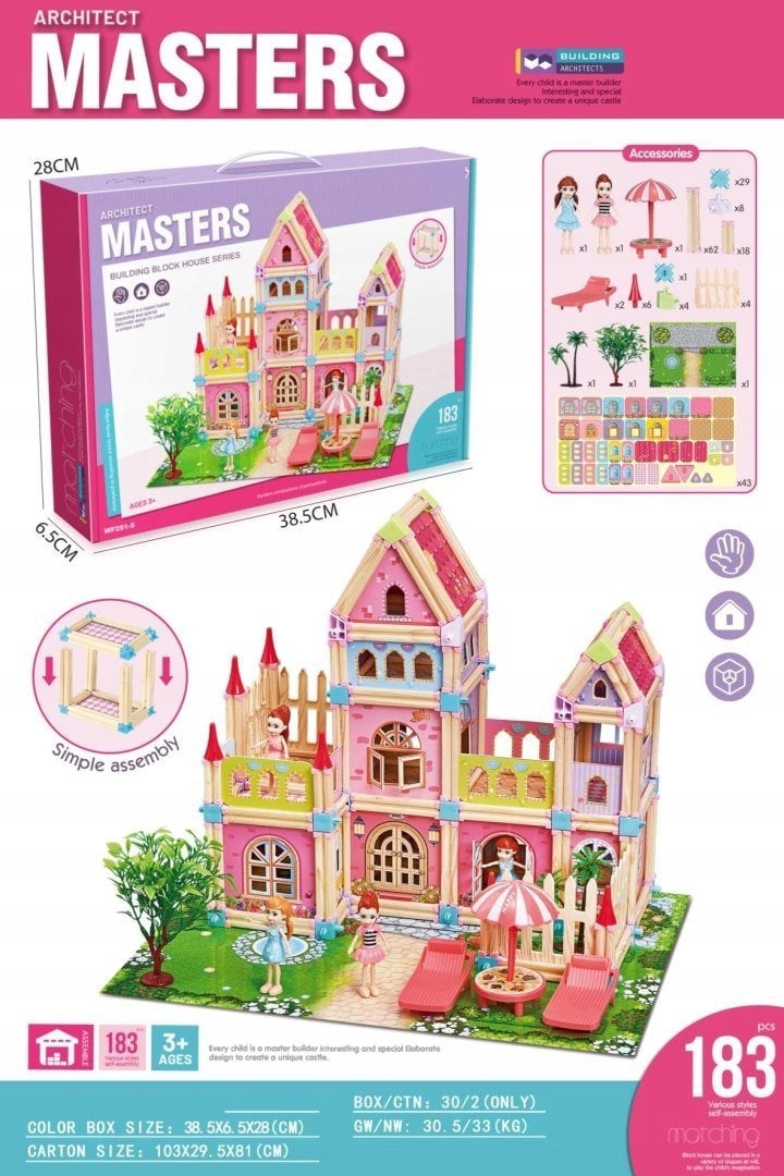 Triton Drewniany Domek Księżniczek z Klocków 183 el. dla dzieci 3+ Elementy konstrukcyjne + 2 Figurk...