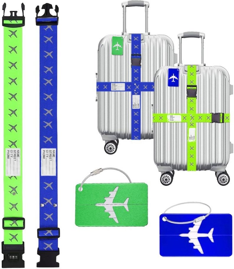 Pas do walizek zabezpieczający podwójny, z etykietami, zielono-niebieski, 2 sztuki