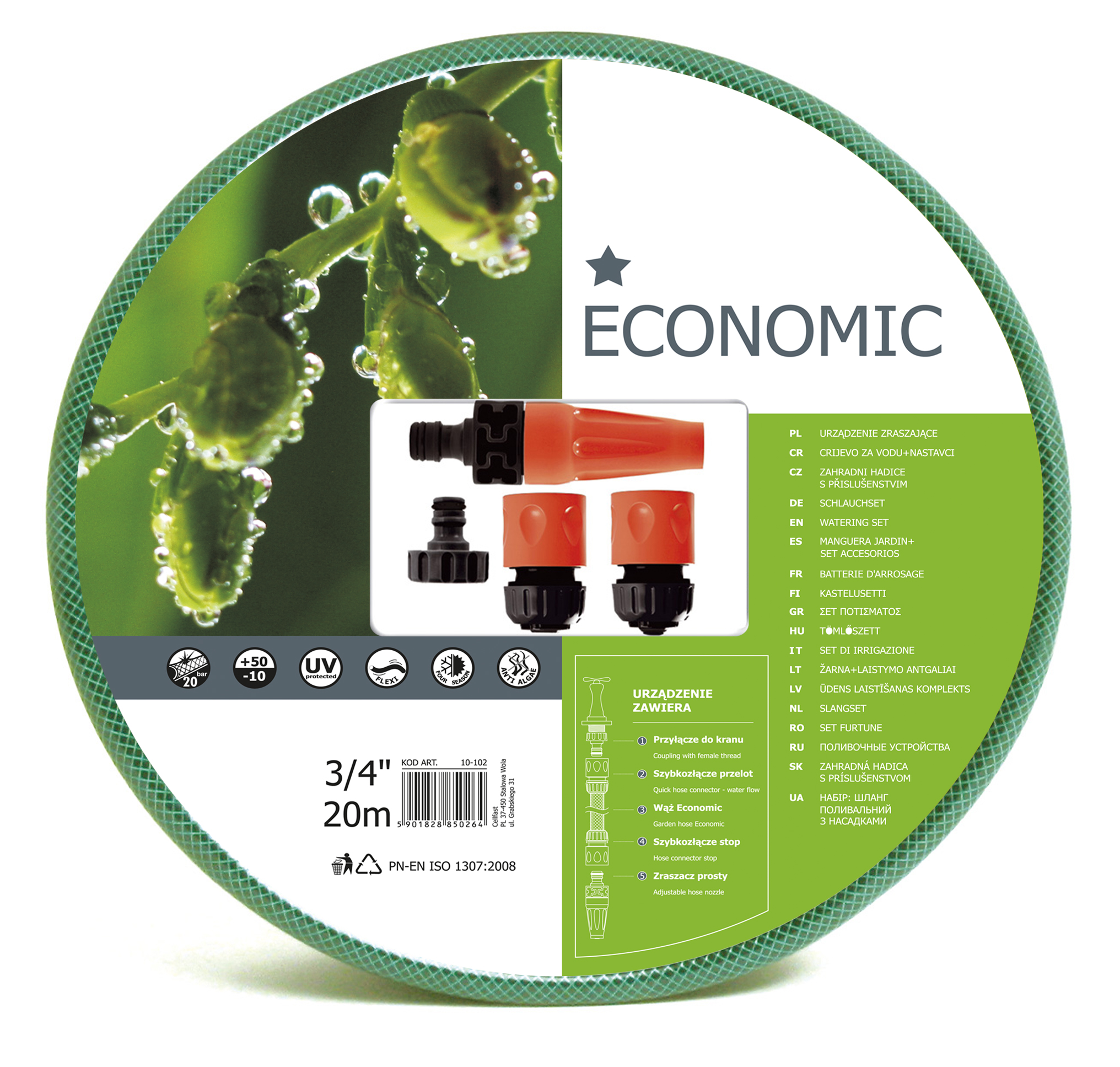 Cellfast Wąż ogrodowy Economic* 3/4" 20m ze zraszaczem prostym 3/4" (10-102)