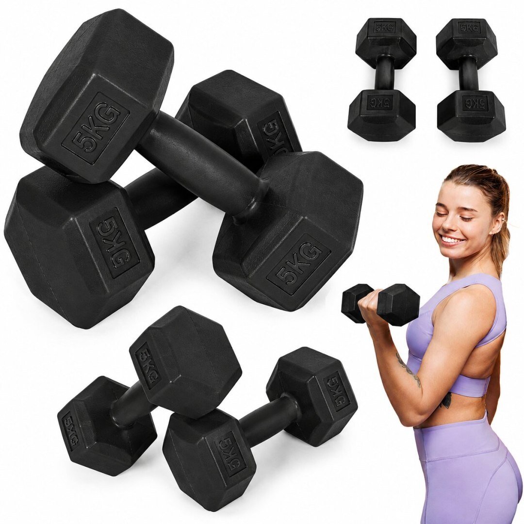 MOVEPRO Hantle sześciokątne zestaw 2x5 kg ciężarki do ćwiczeń obciążniki fitness czarne EDUKAMP (543...