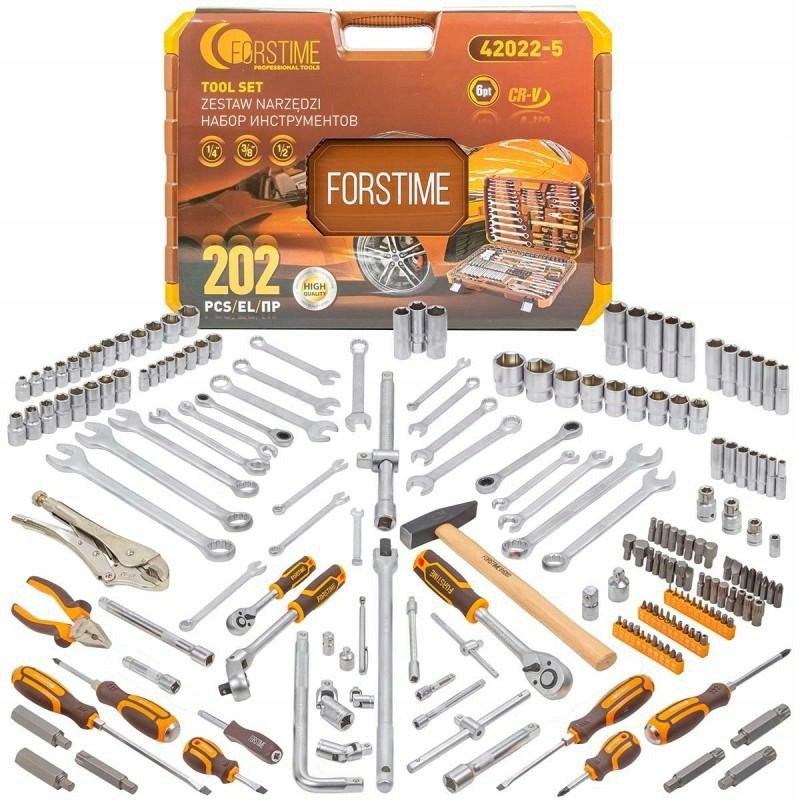 Zestaw narzędzi NASADKI BITY KLUCZE 202 el. 1/4' 3/8' 1/2' 6-kątnych 4-32mm STAL