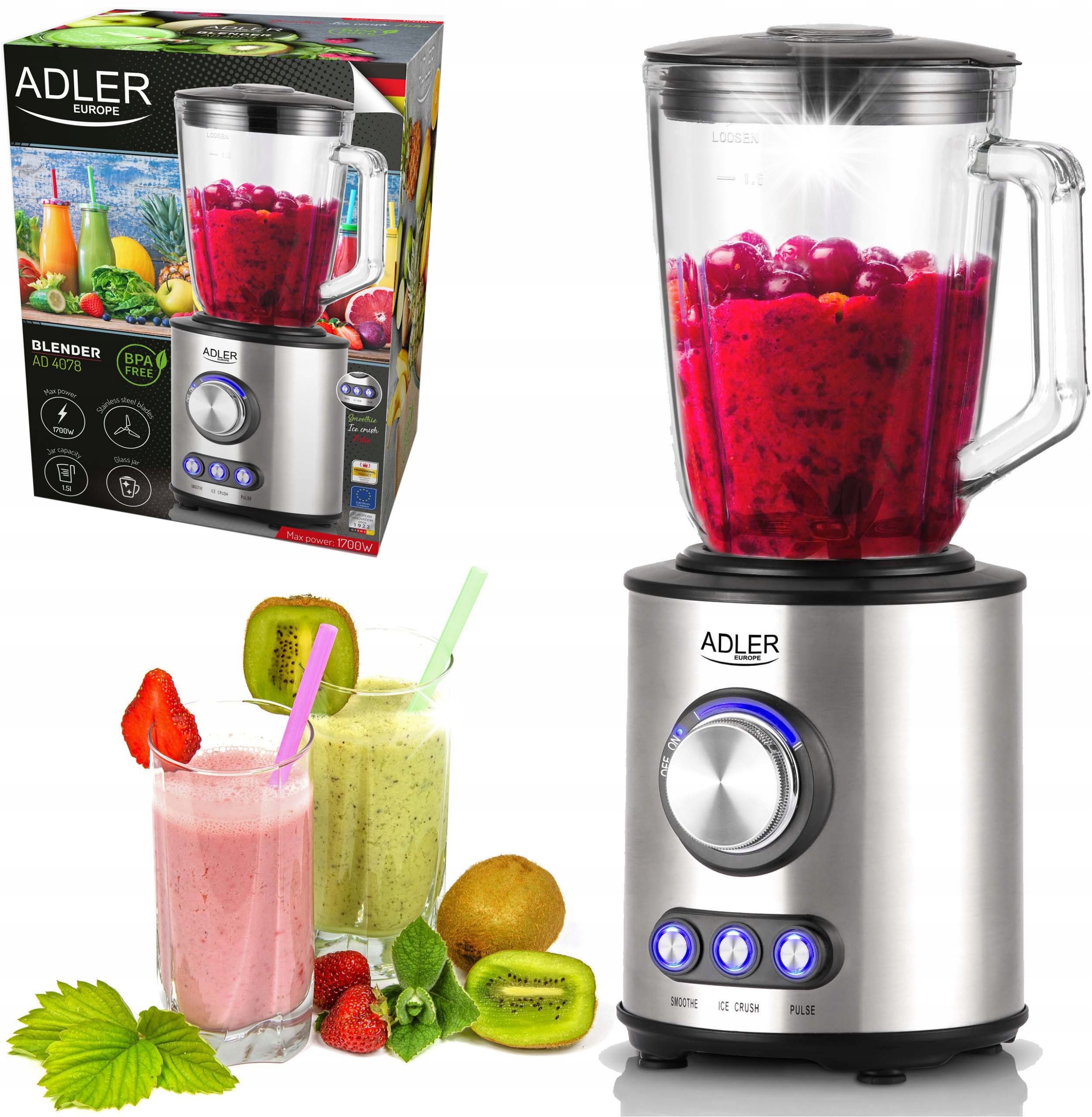 Blender kielichowy Adler Blender kielichowy szklany ADLER AD 4078 1,5L Kruszenie lodu Mikser