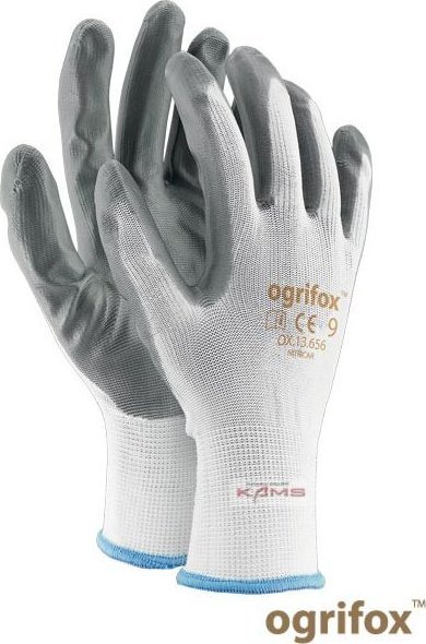 R.E.I.S. OX-NITRICAR - rękawice ochronne z poliestru, powlekane nitrylem zakończone ściągaczem - czarno-szary 8