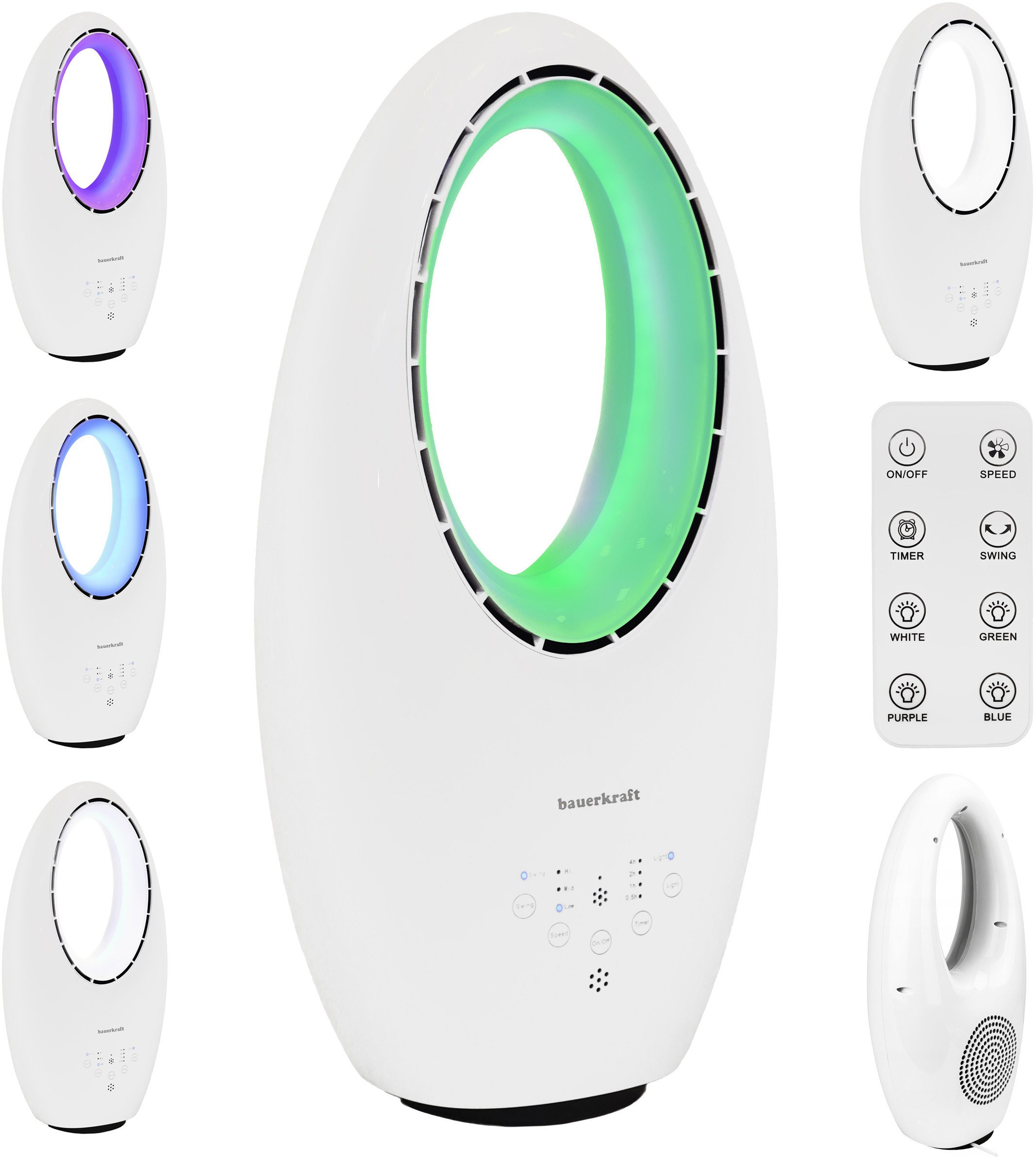 Nowoczesny wentylator stojący bezłopatkowy podłogowy pilot timer LED kolory biały 3 tryby obrotowy