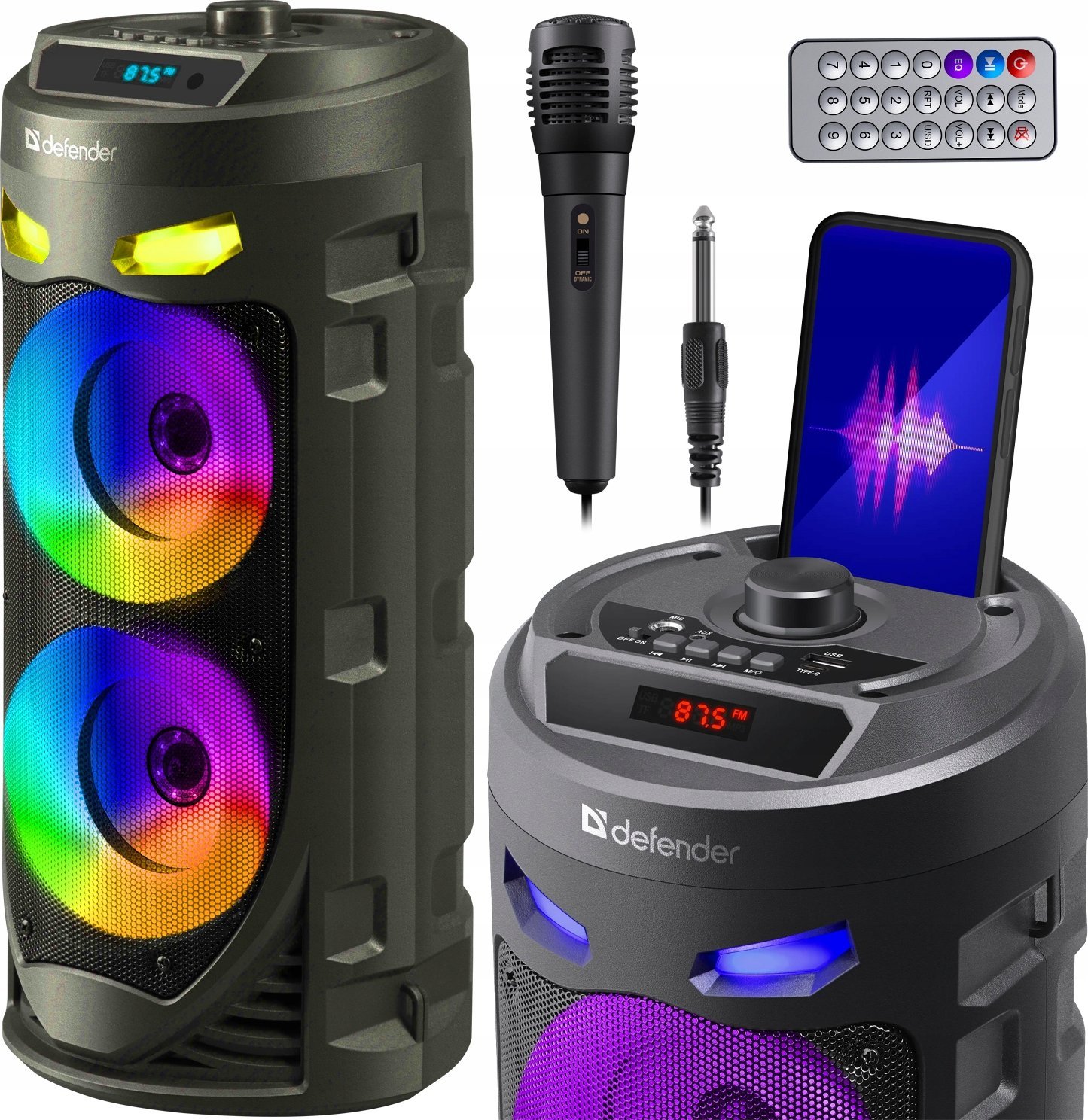 Głośnik Defender Głośnik CRASHBOOM Bluetooth 16W MP3/FM/SD/USB/AUX/TWS/LED/MIC/LCD KARAOKE czarny + mikrofon + pilot