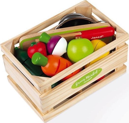 Janod Drewniana skrzynka z warzywami i owocami do krojenia oraz akcesoriami 23 elementy 3+ Janod
