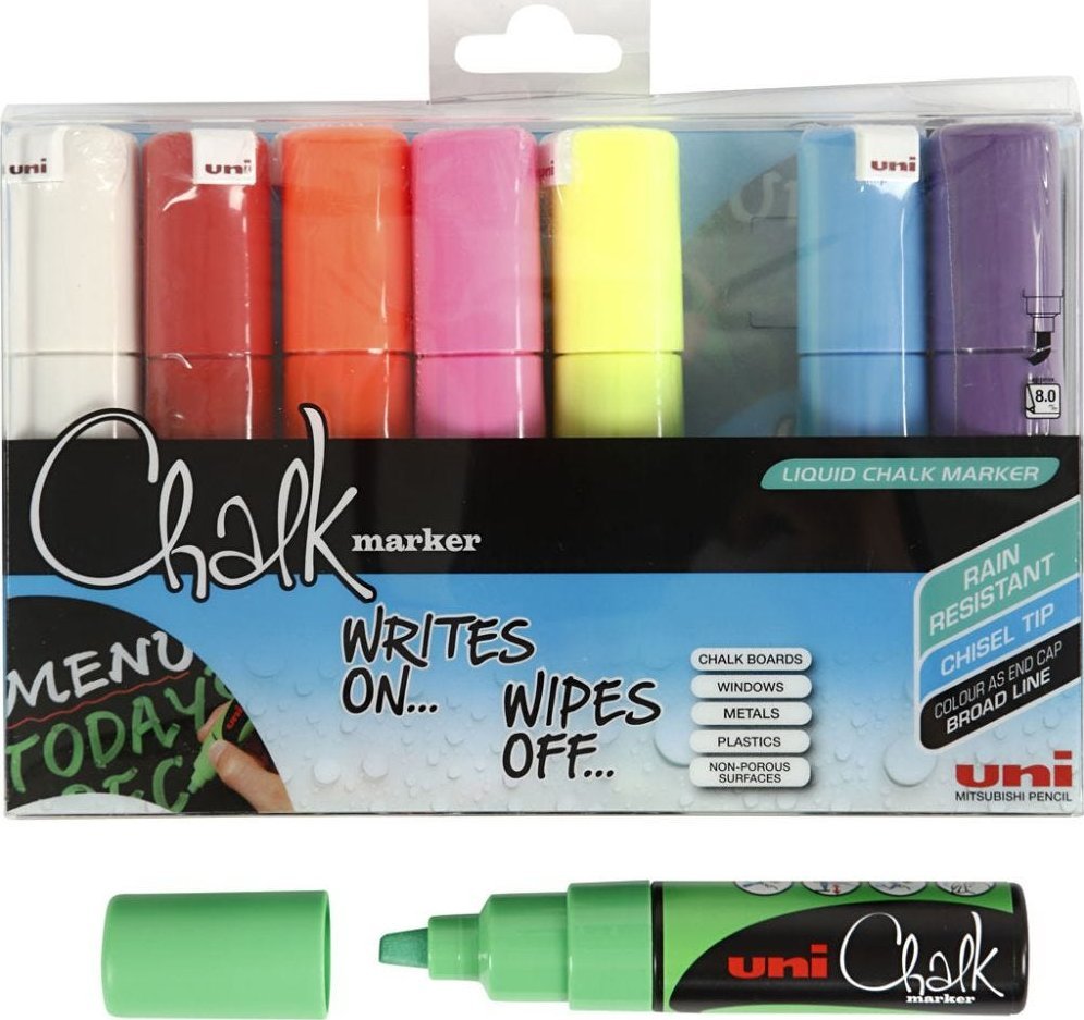 UNI-BALL Kridtmarker Uni-ball, skrå, etui a 8 farver