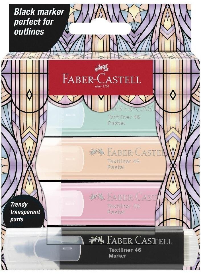 Faber-Castell Zakreślacz Glassy 4 kolory pastel + czarny