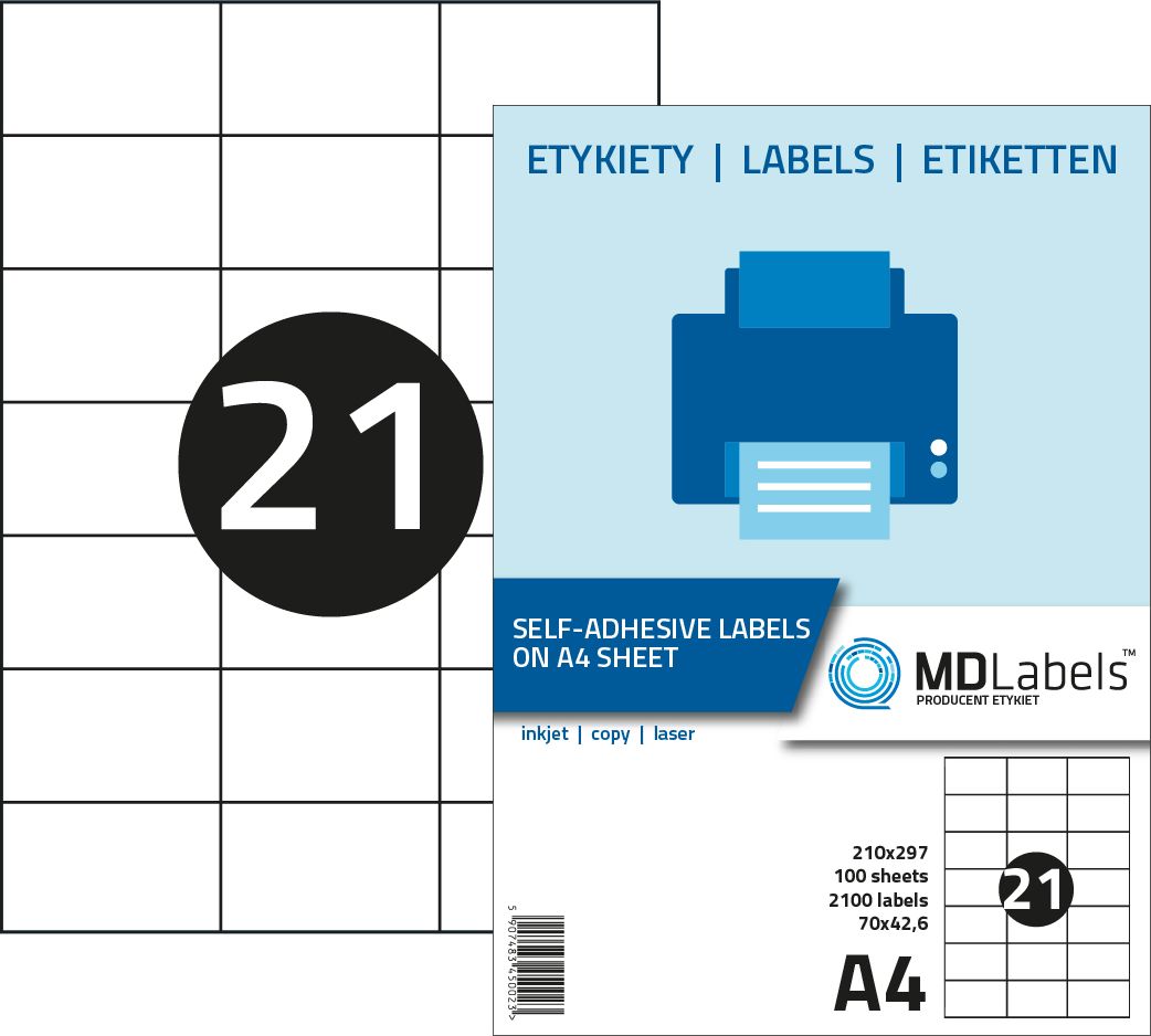 MD Labels Etykiety naklejki samoprzylepne 70x42,6mm na arkuszu A4 100 ark