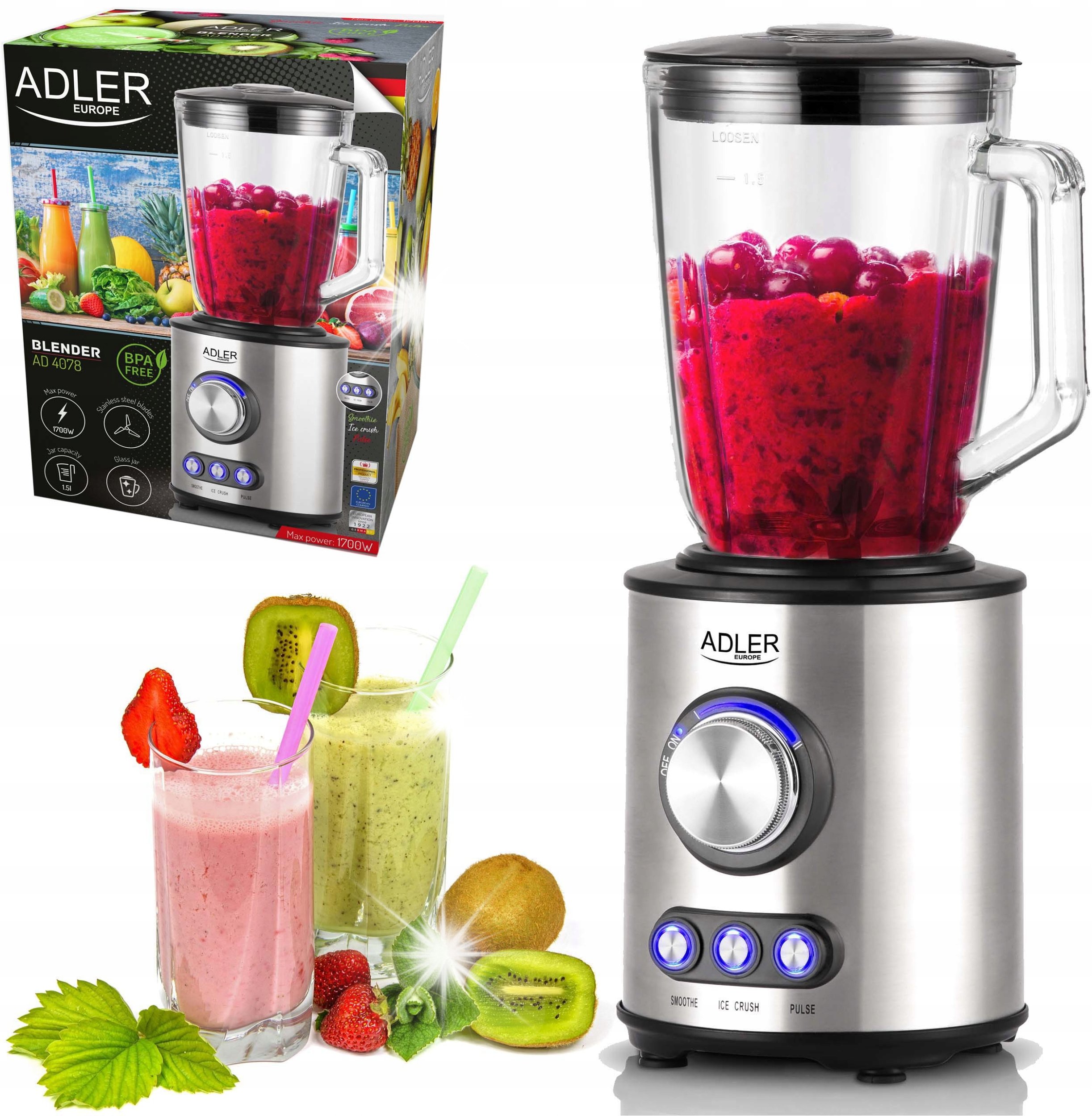 Blender kielichowy Adler Blender kielichowy szklany funkcja smoothie kruszy lód 1700W 1,5L